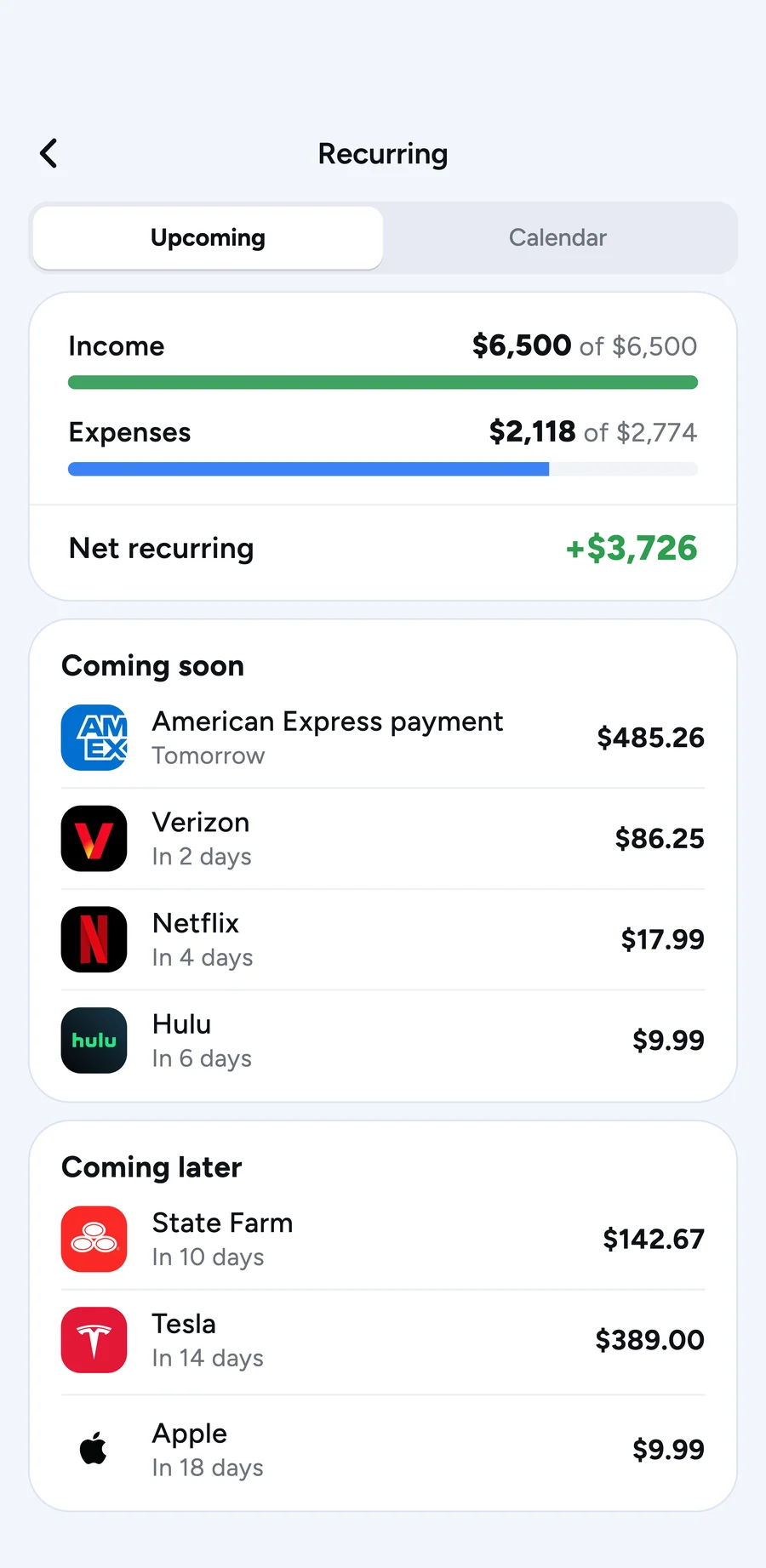 Lucid Recurring: $6,500 of $6,500 in income, $2,118 of $2,774 in expenses and +$3,726 net recurring, with an American Express payment due tomorrow, then Verizon, Netflix and Hulu